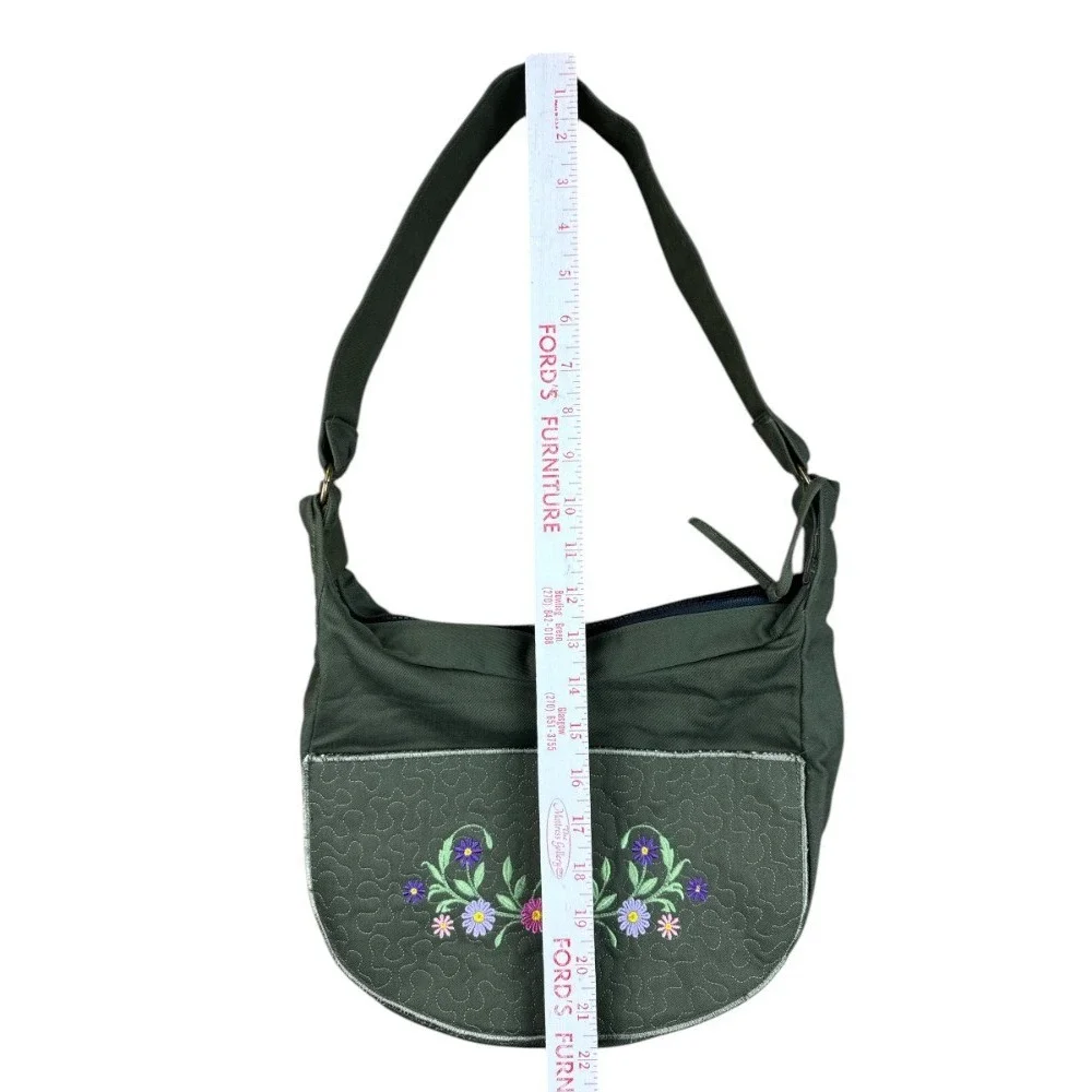 Handmade Artisan Canvas Hobo Bag Olive Green Quilted Floral Fiber Art‎ Slouchy